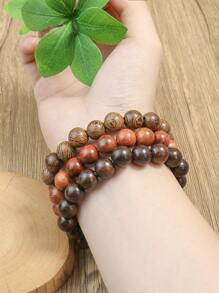 TopHanqi 3入組復古風格多色木頭串珠彈性拉伸手鐲套裝適合男人及女人 - 彩色 - 查看 3