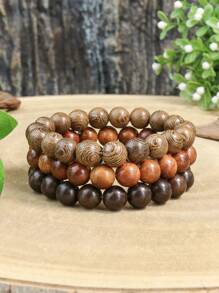 TopHanqi 3入組復古風格多色木頭串珠彈性拉伸手鐲套裝適合男人及女人 - 彩色 - 查看 2