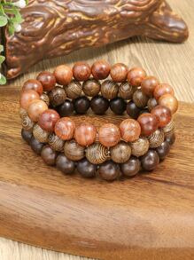 TopHanqi 3入組復古風格多色木頭串珠彈性拉伸手鐲套裝適合男人及女人 - 彩色 - 查看 10