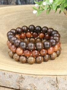 TopHanqi 3入組復古風格多色木頭串珠彈性拉伸手鐲套裝適合男人及女人 - 彩色 - 查看 7