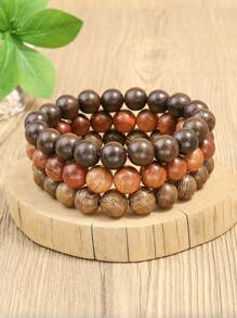 TopHanqi 3入組復古風格多色木頭串珠彈性拉伸手鐲套裝適合男人及女人 - 彩色 - 查看 8