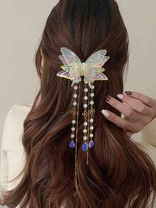 1個珍珠流蘇激光蝴蝶甜美髮夾 - 金色 - 查看 1