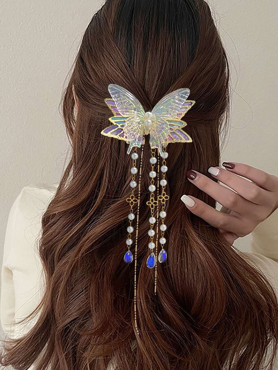 1個珍珠流蘇激光蝴蝶甜美髮夾 - 金色 - 查看 1