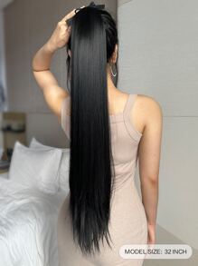Extensiones de cabello sintético de 26 pulgadas con clip, peluca de cola de caballo larga y recta, resistente al calor, para mujeres - Negro - Ver 3