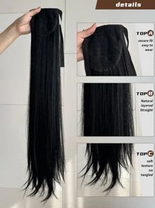 Extensiones de cabello sintético de 26 pulgadas con clip, peluca de cola de caballo larga y recta, resistente al calor, para mujeres - Negro - Ver 8