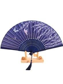 1入組復古折扇真絲裝飾物夏天扇中國風裝飾物男士口袋竹子手柄手持家庭裝飾工藝 - 藏蓝色 - 查看 4