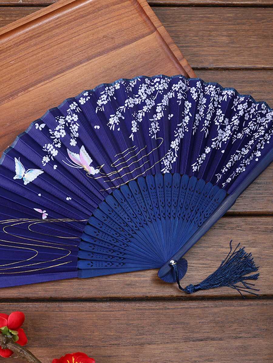 1入組復古折扇真絲裝飾物夏天扇中國風裝飾物男士口袋竹子手柄手持家庭裝飾工藝 - 藏蓝色 - 查看 1