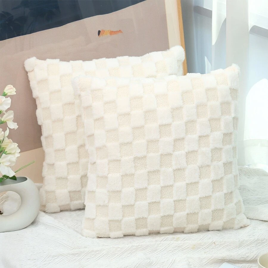 Plush Pillow And Cushion With Simple & Elegant Solid Color Grid Pattern - Beige - View 1