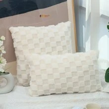 Plush Pillow And Cushion With Simple & Elegant Solid Color Grid Pattern - Beige - View 2