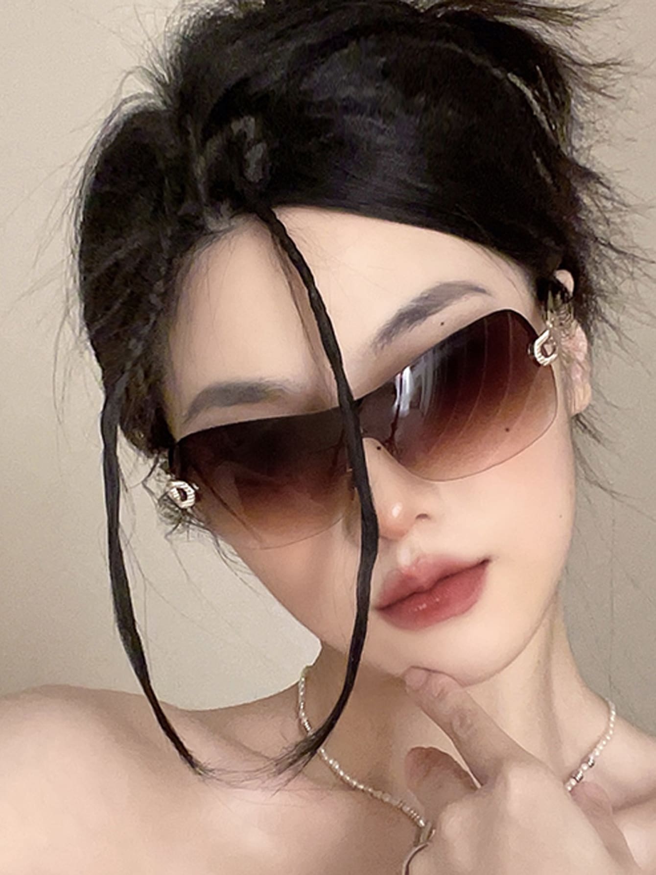 1pc Y2K Style Dual Loop Chain Vintage Rimless Fashion Glasses Beach