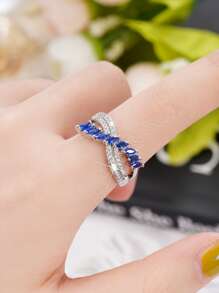 1pc Elegant Blue Cubic Zirconia Ring, Women's Valentine's Day Gift, Anniversary Party Accessory - Blue - View 4
