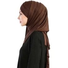 1入女士純色經典多功能時尚休閒優雅舒適柔軟光滑牛奶絲三重荷葉邊包頭巾，適用於日常穿著、節日、聚會和祈禱 - 咖啡棕 - 查看 3