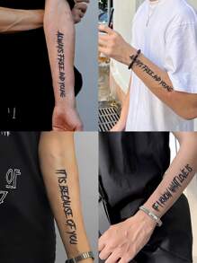 3 件装哥特式防水不反光纹身贴纸，带英文短语，打造时尚手臂造型 - 黑色 - 查看 1