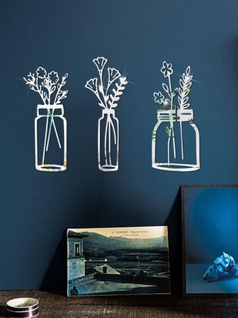 1set 3d Hollow Out Flower Vase Acrylic Mirror Sticker