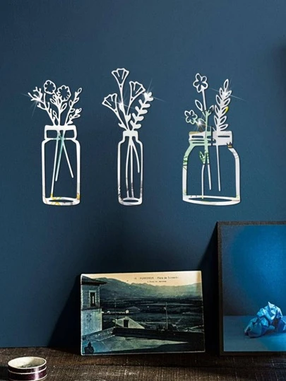 1set 3d Hollow Out Flower Vase Acrylic Mirror Sticker