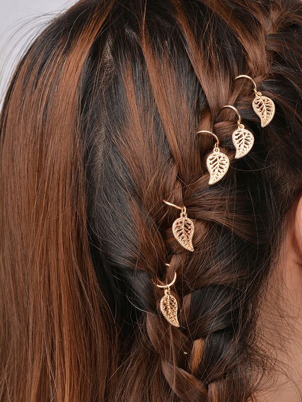 5pcs Synthetic Hair Extension Dreadlocks With Leaf Detailed Alloy Pendant, Braiding Hair Accessories