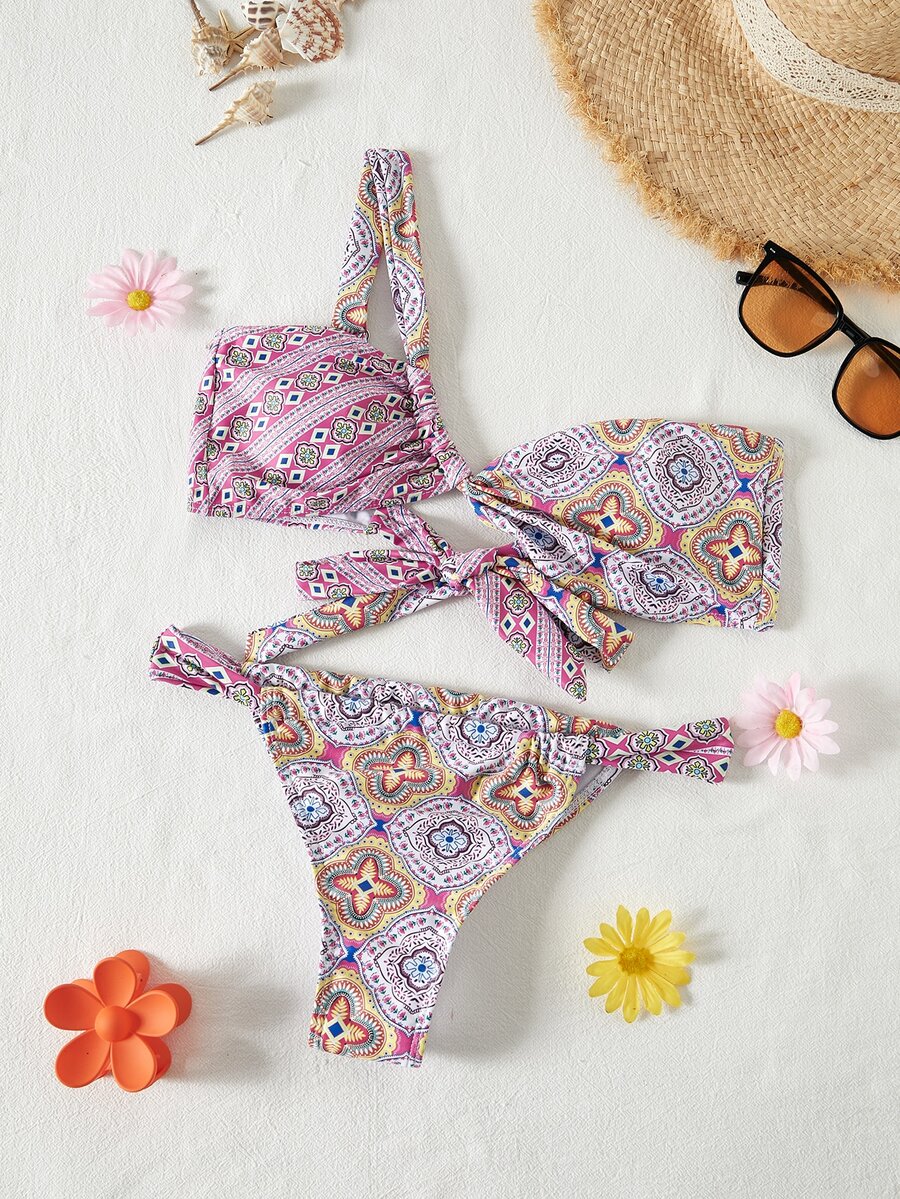 Bikinx Summer Beach Asymmetric Allover Print Tie Neck Drawstring Top And Briefs Bikini Set - Multicolor - View 1