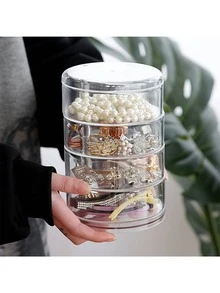 1pc Rotatable Transparent Desktop Storage Box For Jewelry & Hair Accessories, Dustproof, Multilayered - White - View 2