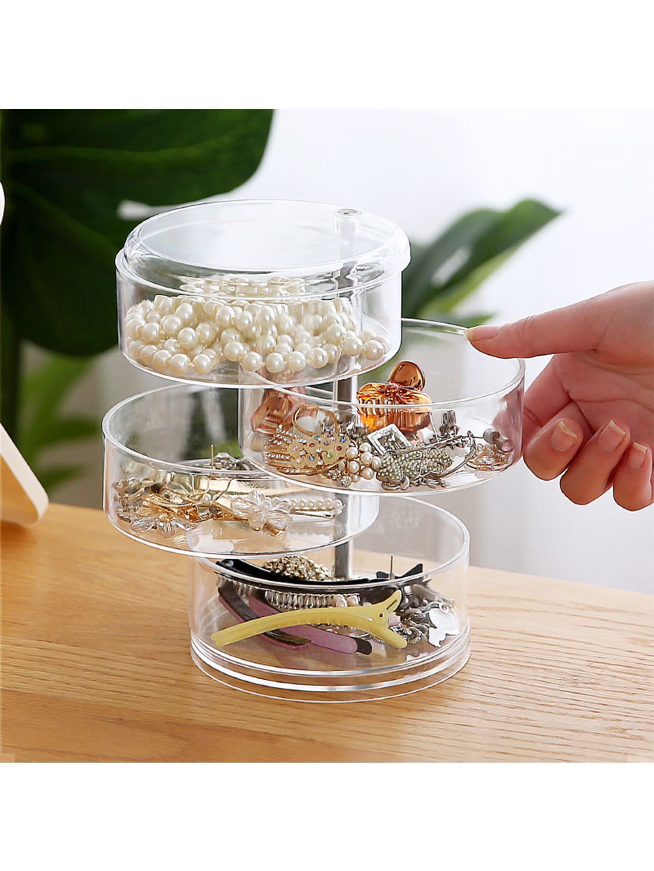 1pc Rotatable Transparent Desktop Storage Box For Jewelry & Hair Accessories, Dustproof, Multilayered - White - View 1