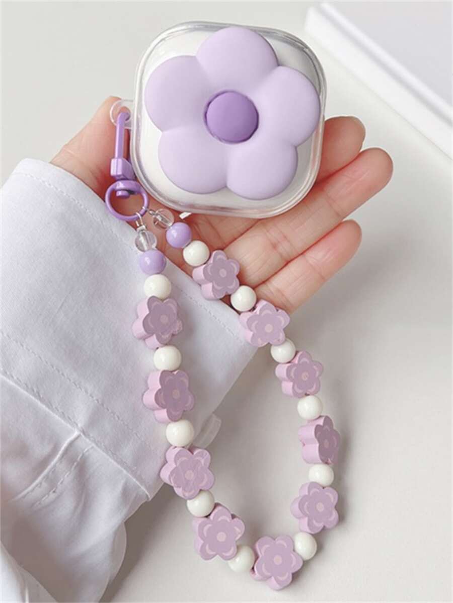 手机挂件 卡哇伊 可爱 3D 紫色花朵 耳机壳 兼容三星 Galaxy Buds2 Pro 带链式吊坠套 兼容 Bud 2 防摔 全包 - 無色 - 查看 1