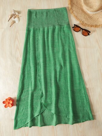 Bikinx Solid Color Patchwork V-neck Semi-transparent Cover Up Skirt With Slit