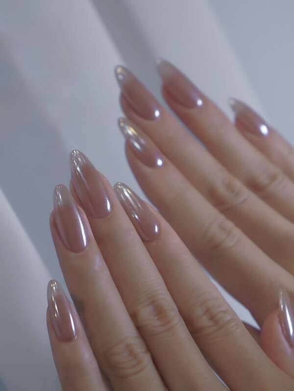 24pcs Punk Style Medium Almond Press On Nail Rainbow Plating Fake Nails Pure Pink False Nail For Women And Girls