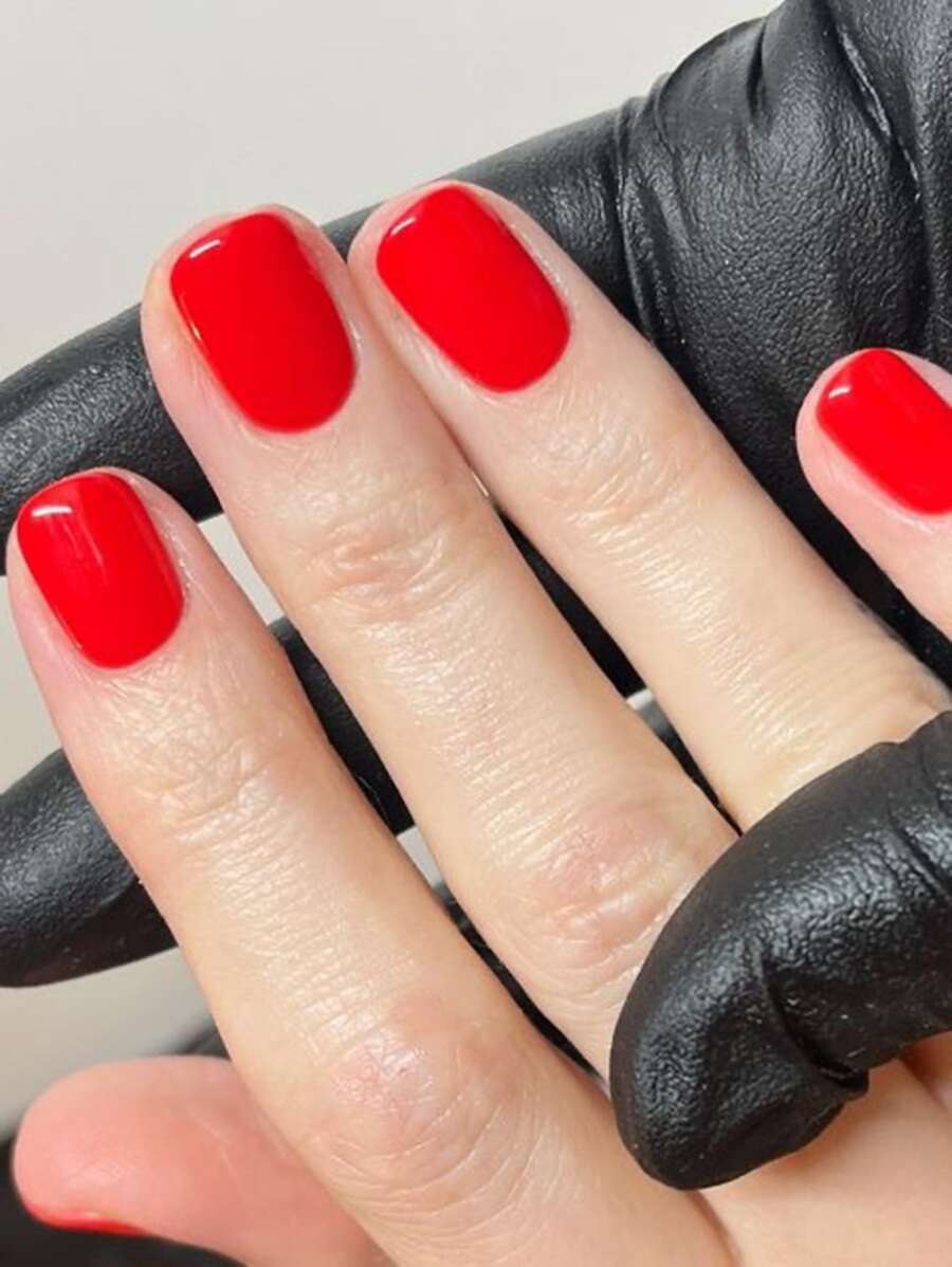 24 pezzi Unghie quadrate corte di forma neutra, unghie finte rosse grandi e solide, set di unghie acriliche finte, punte per unghie, set per manicure, include 1 foglio di adesivi e 1 lima mini, perfetto per uso quotidiano, forniture per unghie - Rosso - Visualizzare 1