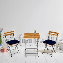 Solid Teak Wood Bistro Set Folding Table And Chair Set Power Coating Frame Patio Set With Waterproof Navy Cushion - Màu Khaki - Xem 2