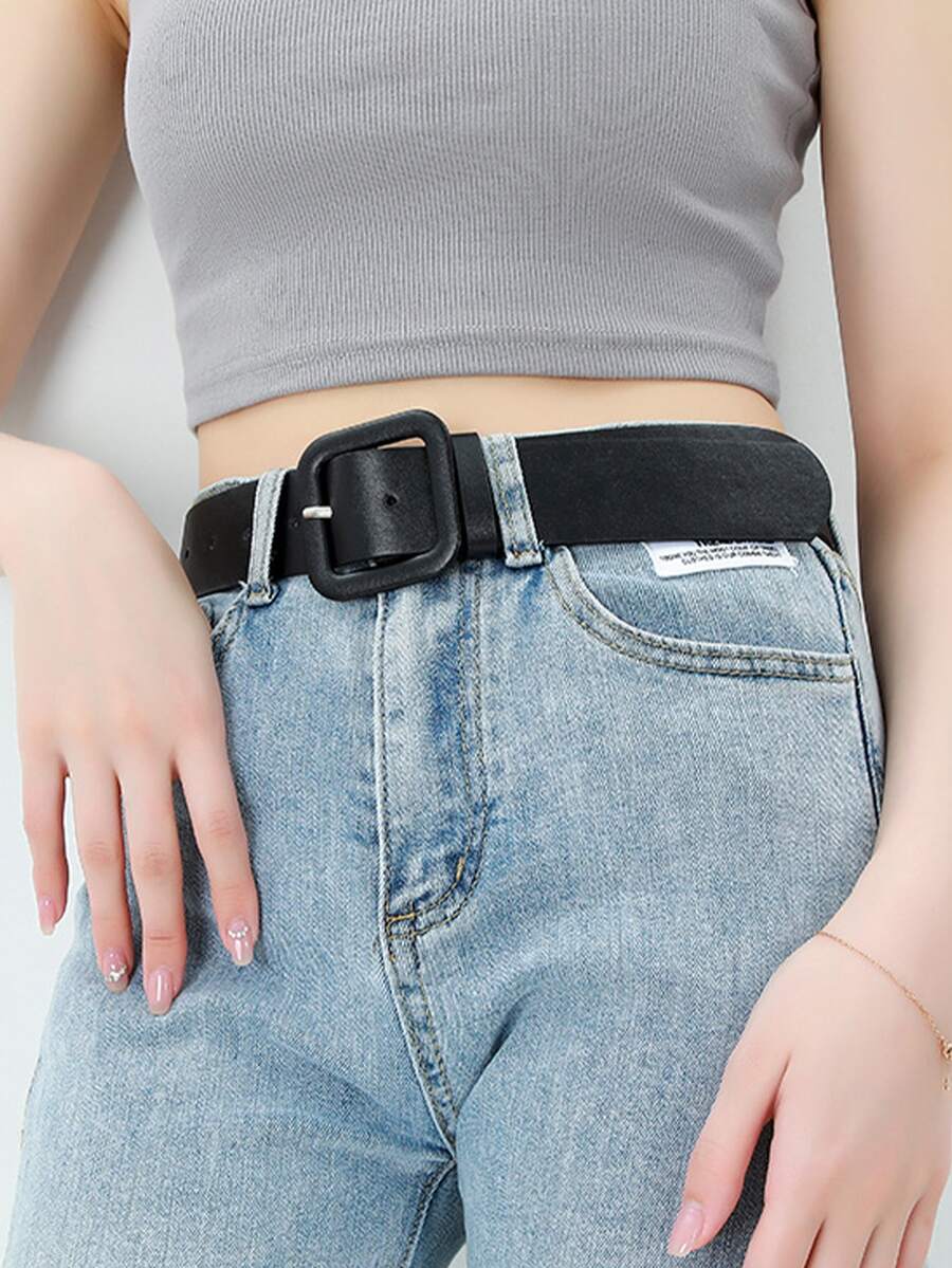 1 件时尚简约方形扣腰带，可搭配衣服和裤子 - 黑色 - 查看 1