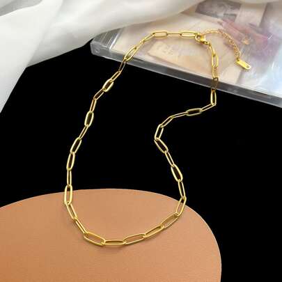 Fashionable Stainless Steel Gold Plated Paper Clip Necklace