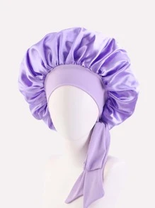 1pc Women's Elastic Polyester Hair Bonnet With Ribbon Bowknot Silk Bonnet Satin Bonnet - Violet Purple - View 3