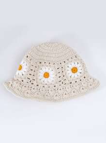 1頂手織菊花圖案女士針織無邊帽，秋冬保暖針織貝雷帽，日常穿搭波西米亞休閒桶帽 - 彩色 - 查看 4