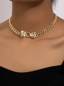 1pc Exquisite Fashionable Leopard Head Pendant Necklace With Rhinestone Detail - Yellow Gold - View 1