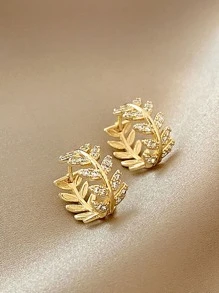 1雙小充分水晶&方晶鋯石樹葉圓形耳釘 - 金黃色 - 查看 1