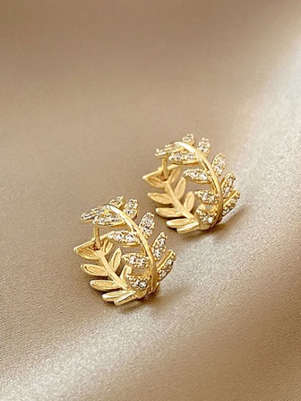 1雙小充分水晶&方晶鋯石樹葉圓形耳釘