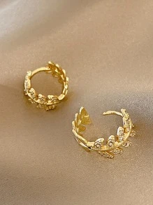 1雙小充分水晶&方晶鋯石樹葉圓形耳釘 - 金黃色 - 查看 3