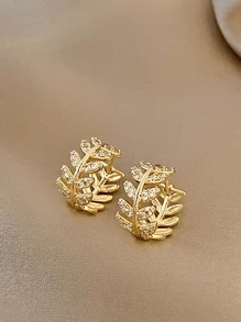 1雙小充分水晶&方晶鋯石樹葉圓形耳釘 - 金黃色 - 查看 4