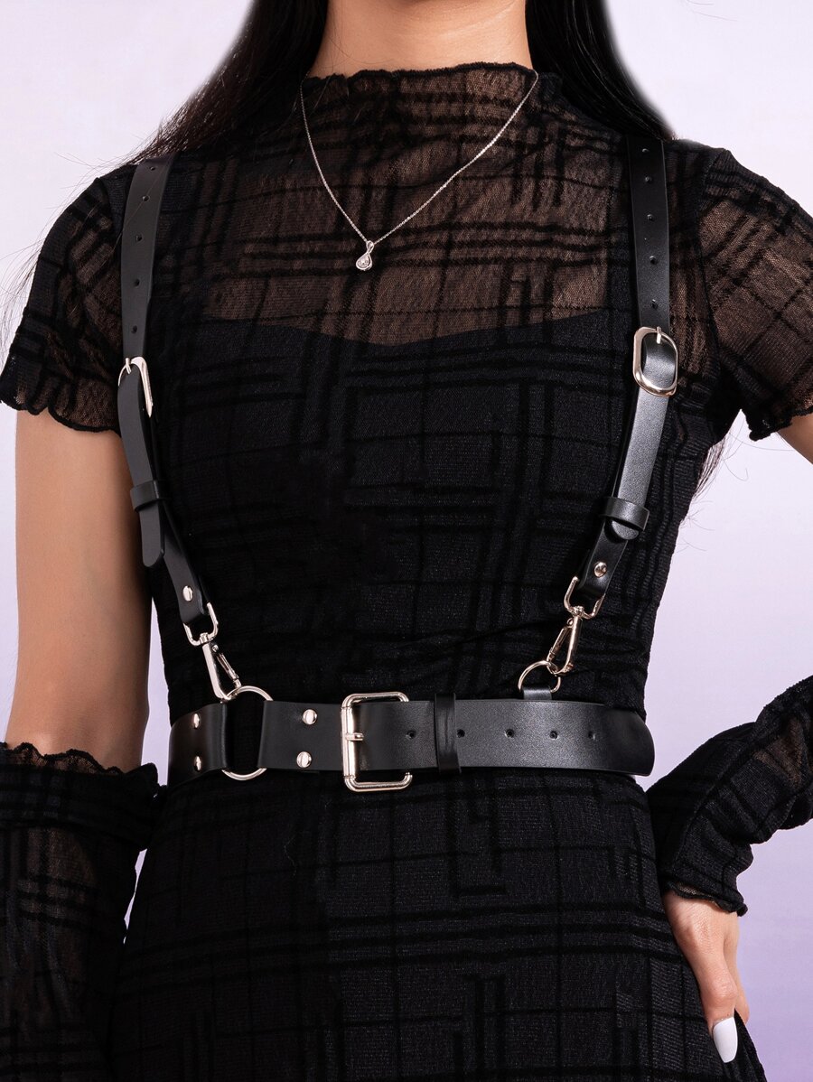 Buckle & Studded Decor Harness Belt - Black - View 1