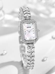 DOM Reloj de pulsera de cuarzo con esfera cuadrada plateada para mujeres, adornado con cristales, resistente al agua - Multicolor - Ver 2