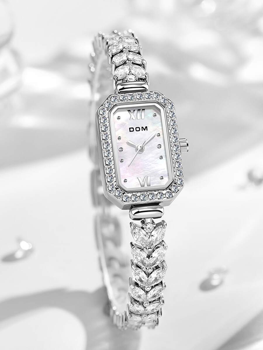 DOM Reloj de pulsera de cuarzo con esfera cuadrada plateada para mujeres, adornado con cristales, resistente al agua