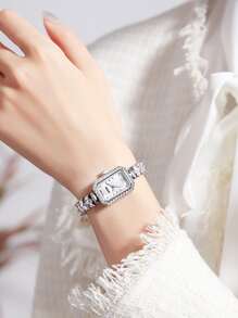 DOM Reloj de pulsera de cuarzo con esfera cuadrada plateada para mujeres, adornado con cristales, resistente al agua - Multicolor - Ver 3