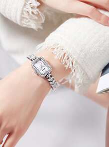 DOM Reloj de pulsera de cuarzo con esfera cuadrada plateada para mujeres, adornado con cristales, resistente al agua - Multicolor - Ver 4