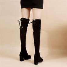 女士过膝靴，2023 年秋冬新款靴子，长筒，修身，百搭高跟弹力靴 - 黑色 - 查看 2