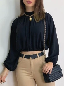 Blusa Feminina Manga Longe Gola Alta Drapeado Elástico Moda Super Envio! ! - Preto - Visão 1
