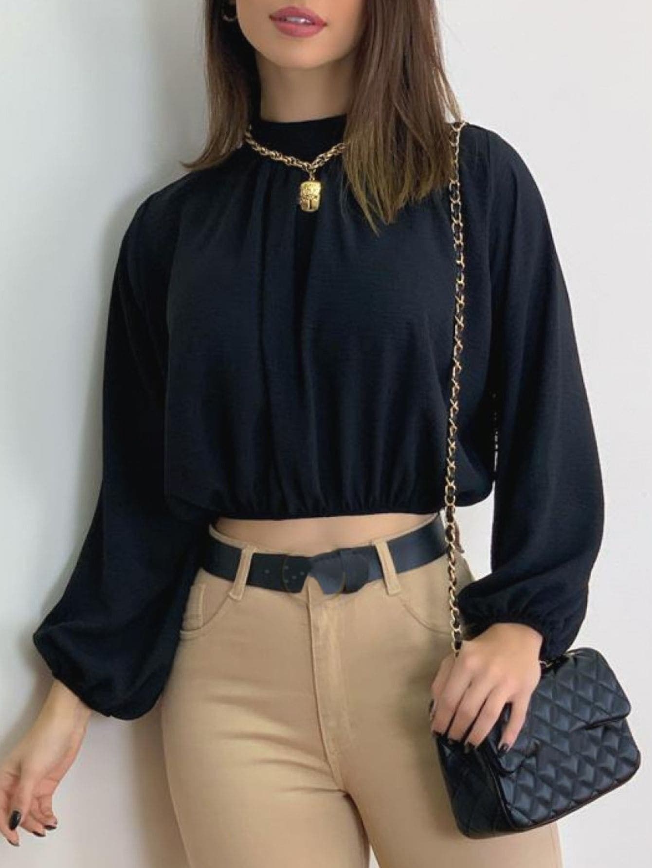 Blusa Feminina Manga Longe Gola Alta Drapeado Elástico Moda Super Envio! ! - Preto - Visão 1