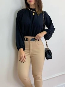 Blusa Feminina Manga Longe Gola Alta Drapeado Elástico Moda Super Envio! ! - Preto - Visão 3