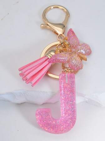 1入組女性粉色的金屬亮絲蝴蝶和字母設計鑰匙圈