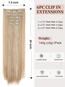 夾片長款直筒合成纖維接髮24英寸6入組混合金發厚假髮自然柔軟的合成纖維纖維雙緯線女性 - 米色 - 查看 4