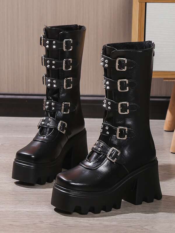 Ladies' Buckle Decorated Punk Style Wedge Heel Platform Boots SHEIN USA