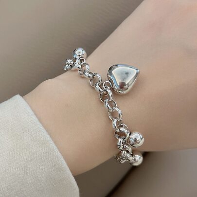 1pc Copper Plated S925 Silver Colorfast Heart-Shaped Beaded Pendant Bracelet Valentines,Mom,Mother,Mother's Day,Gift